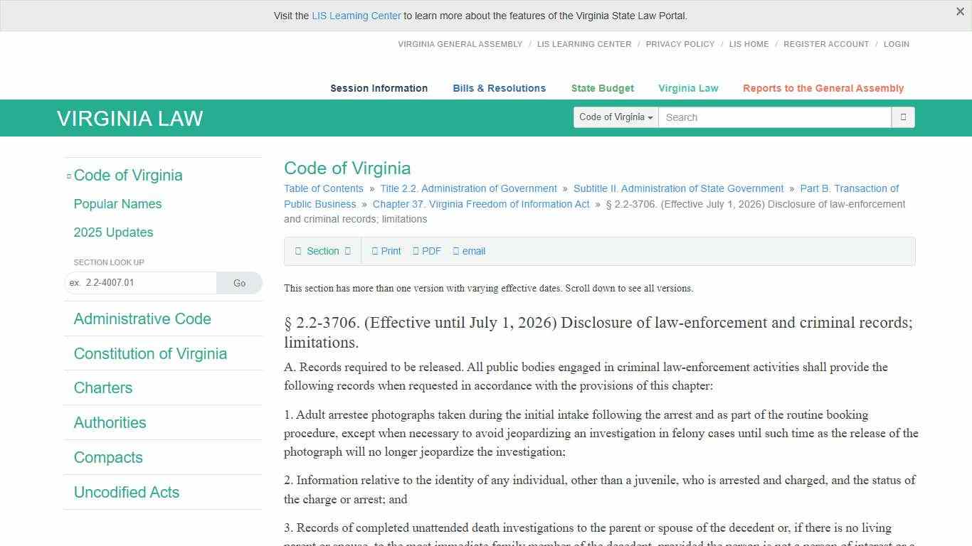 § 2.2-3706. (Effective July 1, 2026) Disclosure of law-enforcement and criminal records; limitations